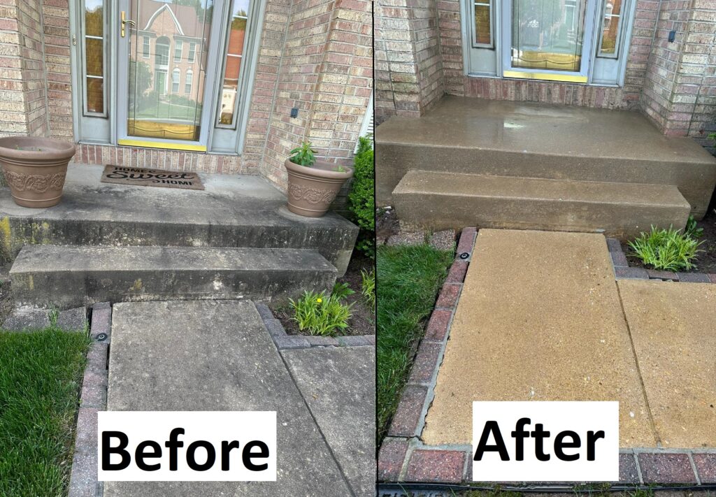 Power-washed concrete front steps and walkway in Alexandria, shown before and after cleaning.