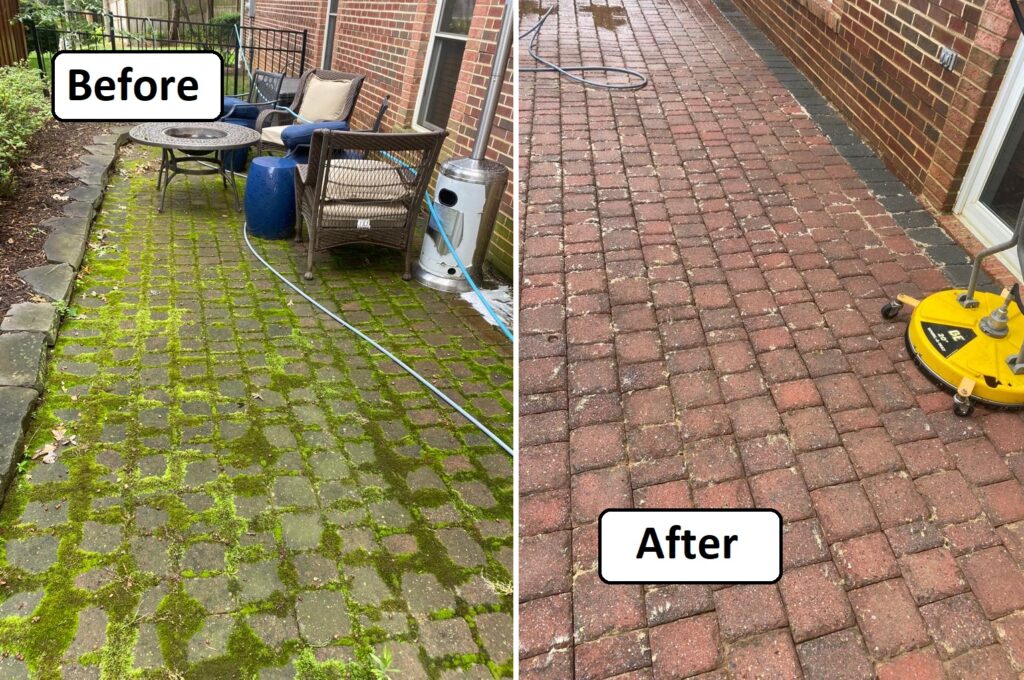 Power washing refreshed a brick paver patio at a home in Vienna, VA.